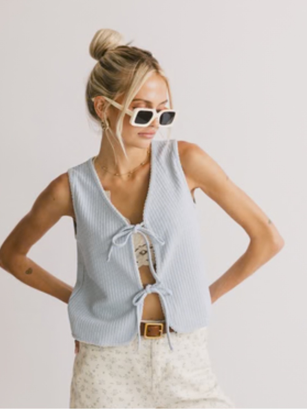 Tie-Front Sleeveless Top in Light Blue